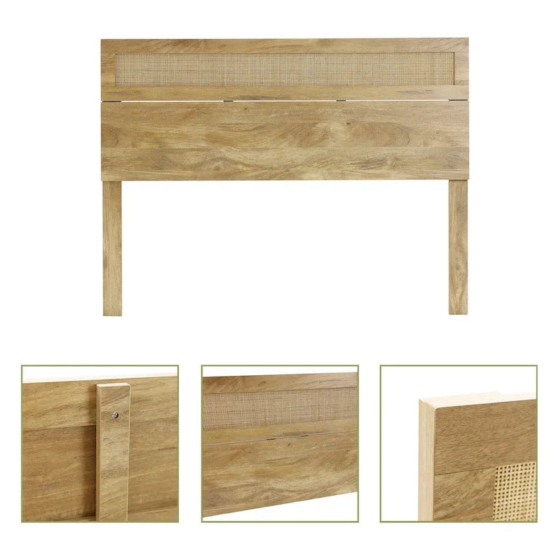 Tête de lit en bois manufacturé finition chêne avec dessus en rotin naturel, format King ou Queen