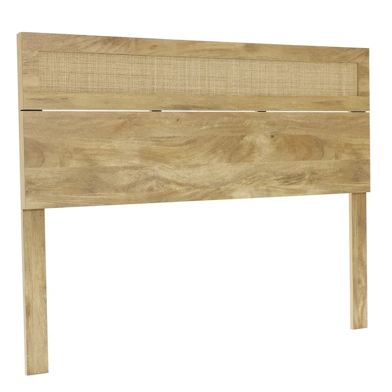 Tête de lit en bois manufacturé finition chêne avec dessus en rotin naturel, format King ou Queen