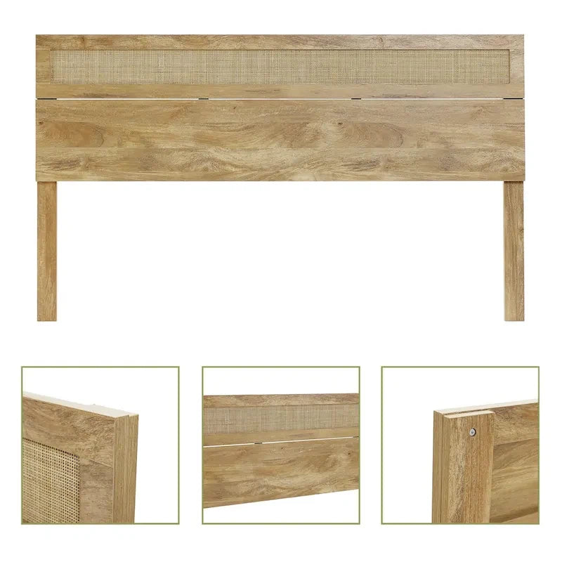 Tête de lit en bois manufacturé finition chêne avec dessus en rotin naturel, format King ou Queen