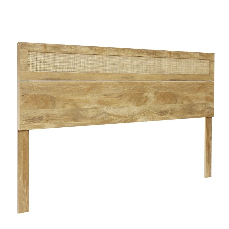 Tête de lit en bois manufacturé finition chêne avec dessus en rotin naturel, format King ou Queen
