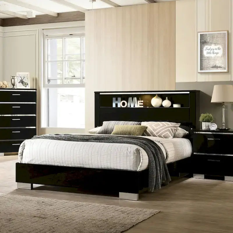 Lit Lofa moderne en bois noir avec éclairage LED, de la marque Furniture of America