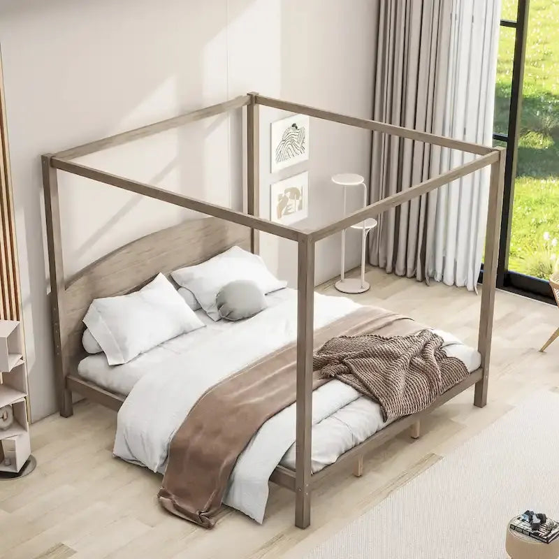 Lit plateforme à baldaquin King Size avec tête de lit et pieds de soutien
