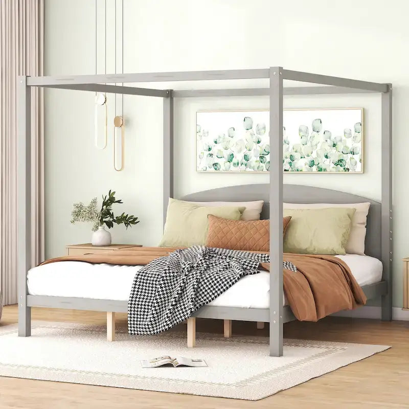 Lit plateforme à baldaquin King Size avec tête de lit et pieds de soutien