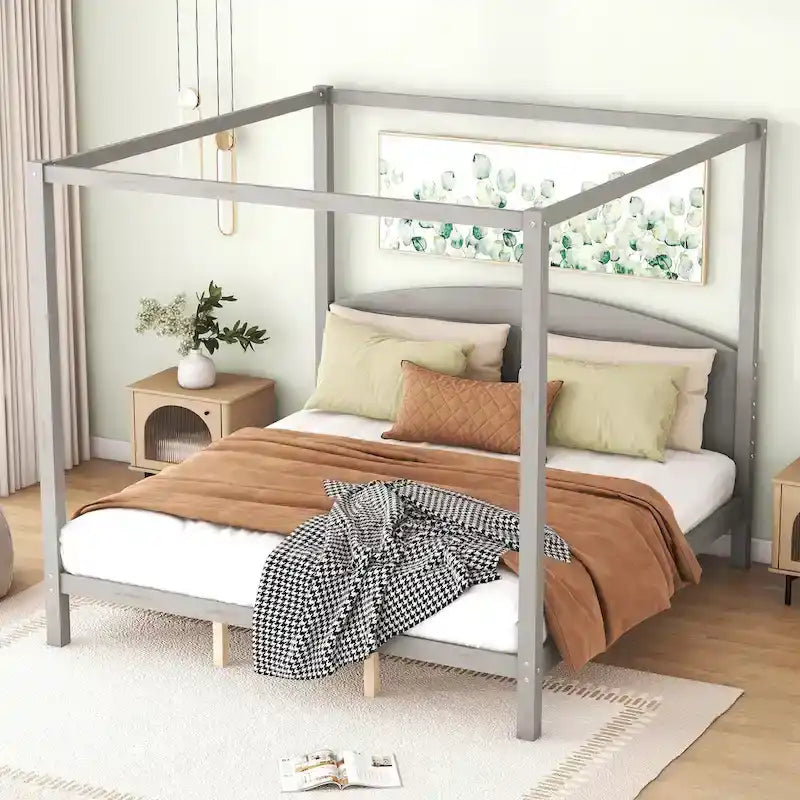 Lit plateforme à baldaquin King Size avec tête de lit et pieds de soutien
