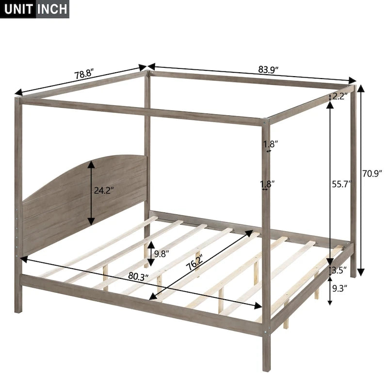 Lit plateforme à baldaquin King Size avec tête de lit et pieds de soutien