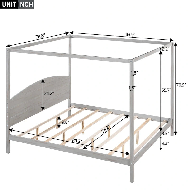Lit plateforme à baldaquin King Size avec tête de lit et pieds de soutien