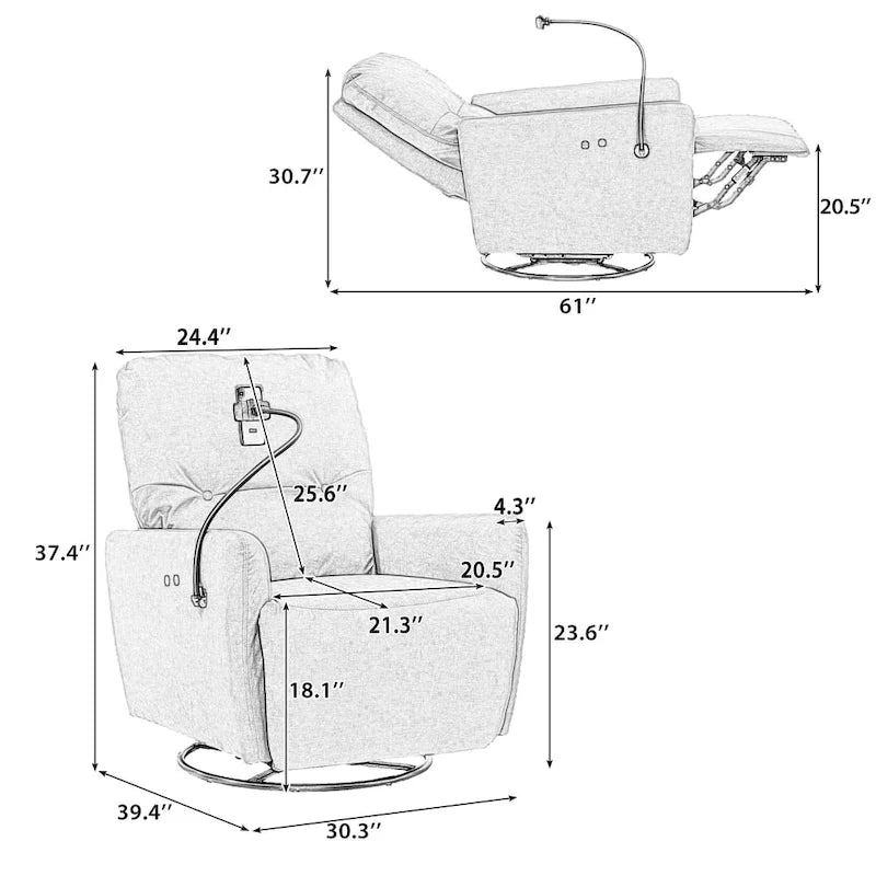 Fauteuil inclinable électrique pivotant à 270 degrés pour home cinéma, canapé inclinable une place avec mécanisme à bascule et support pour téléphone.