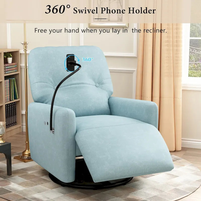 Fauteuil inclinable électrique pivotant à 270 degrés pour home cinéma, canapé inclinable une place avec mécanisme à bascule et support pour téléphone.