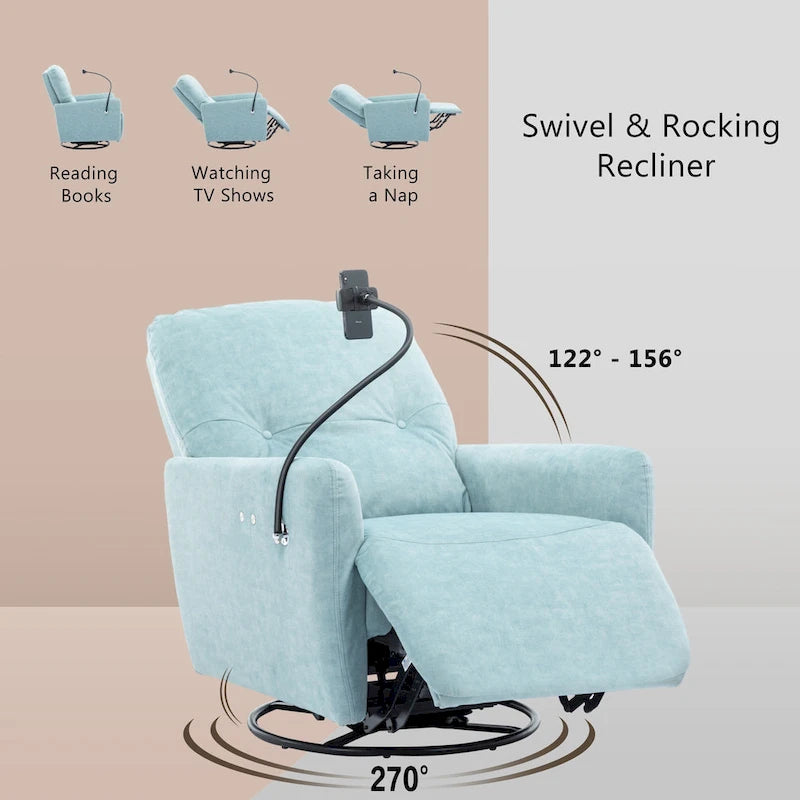 Fauteuil inclinable électrique pivotant à 270 degrés pour home cinéma, canapé inclinable une place avec mécanisme à bascule et support pour téléphone.