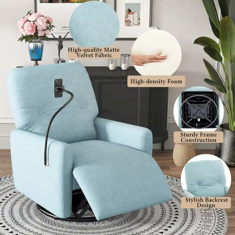 Fauteuil inclinable électrique pivotant à 270 degrés pour home cinéma, canapé inclinable une place avec mécanisme à bascule et support pour téléphone.