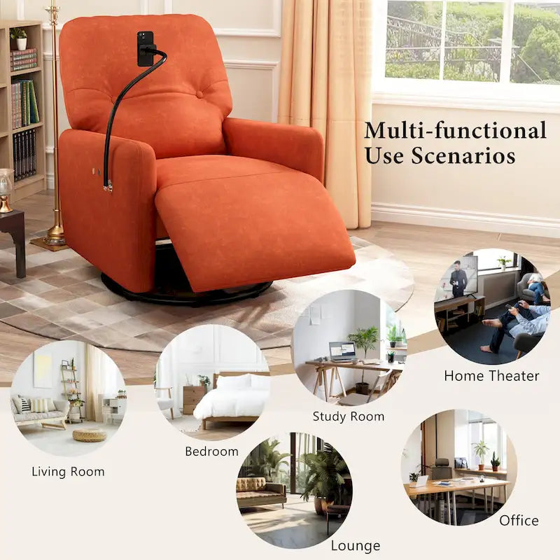Fauteuil inclinable électrique pivotant à 270 degrés pour home cinéma, canapé inclinable une place avec mécanisme à bascule et support pour téléphone.