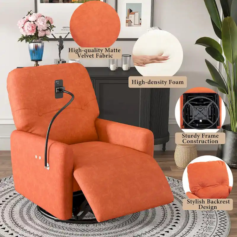 Fauteuil inclinable électrique pivotant à 270 degrés pour home cinéma, canapé inclinable une place avec mécanisme à bascule et support pour téléphone.