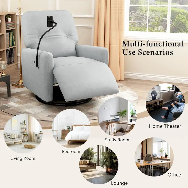 Fauteuil inclinable électrique pivotant à 270 degrés pour home cinéma, canapé inclinable une place avec mécanisme à bascule et support pour téléphone.