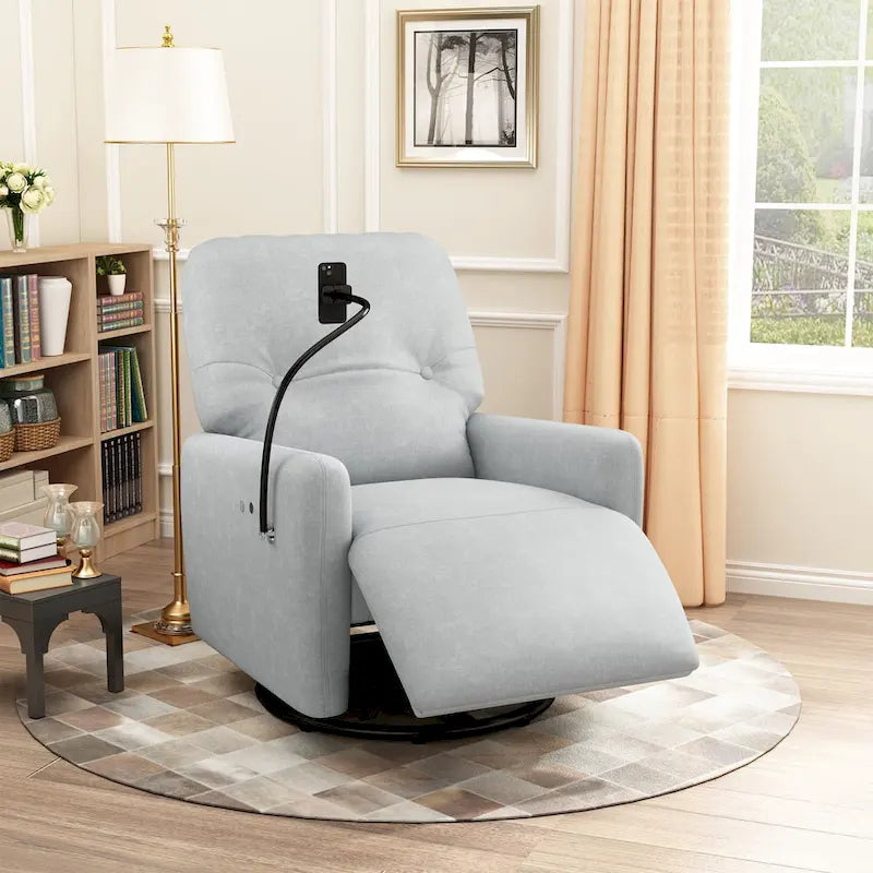 Fauteuil inclinable électrique pivotant à 270 degrés pour home cinéma, canapé inclinable une place avec mécanisme à bascule et support pour téléphone.