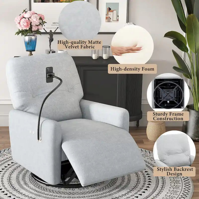 Fauteuil inclinable électrique pivotant à 270 degrés pour home cinéma, canapé inclinable une place avec mécanisme à bascule et support pour téléphone.