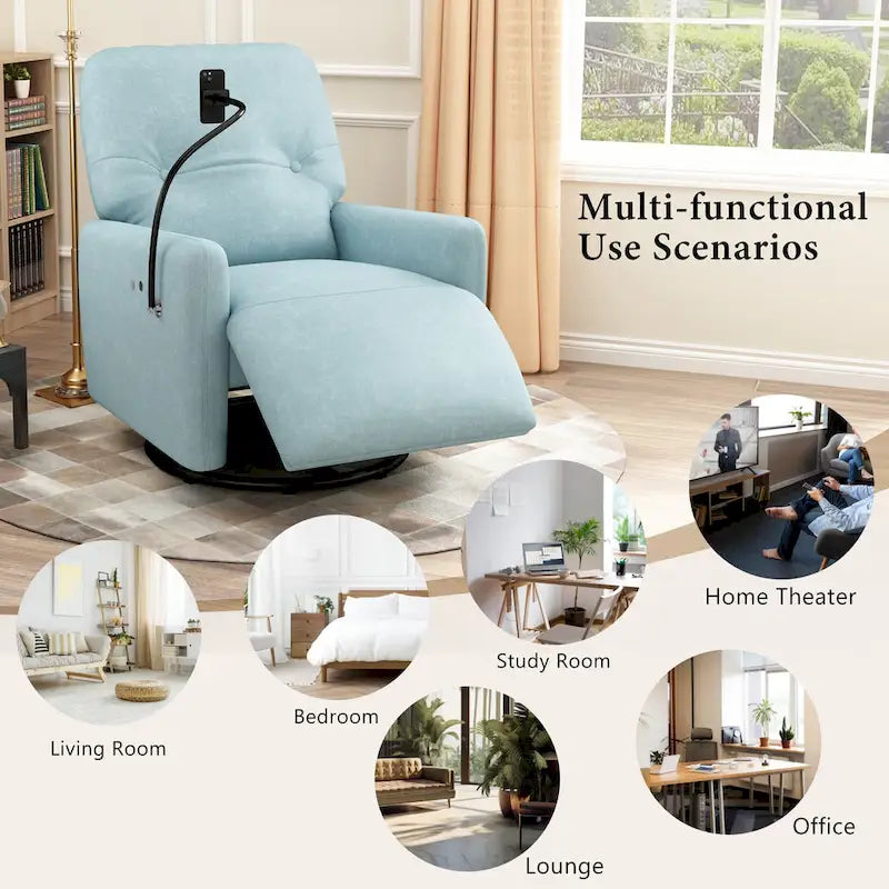 Fauteuil inclinable électrique pivotant à 270 degrés pour home cinéma, canapé inclinable une place avec mécanisme à bascule et support pour téléphone.