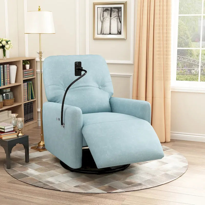 Fauteuil inclinable électrique pivotant à 270 degrés pour home cinéma, canapé inclinable une place avec mécanisme à bascule et support pour téléphone.