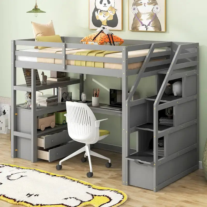 Twin Size Loft Bed with Desk and Shelves, Two Built-in Drawers