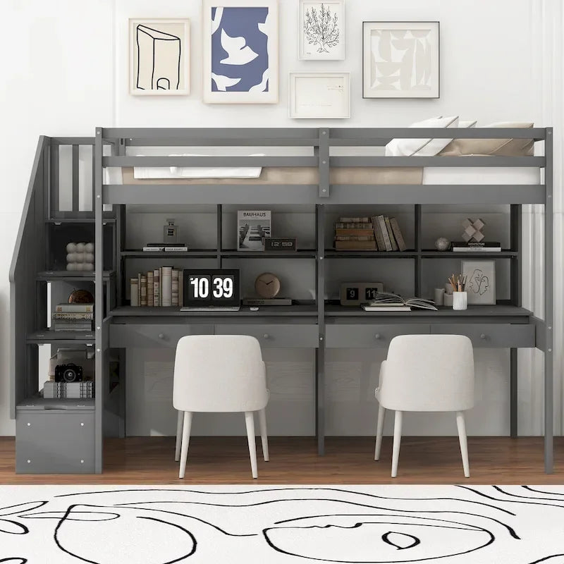 Lit mezzanine simple avec escalier de rangement, double bureau et étagères, gris