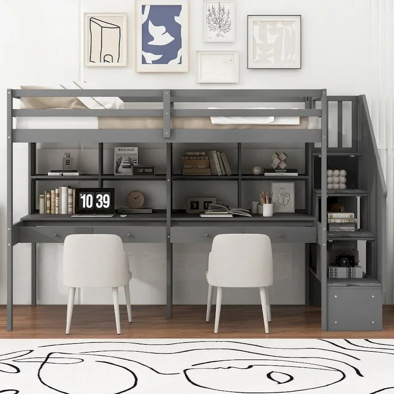 Lit mezzanine simple avec escalier de rangement, double bureau et étagères, gris
