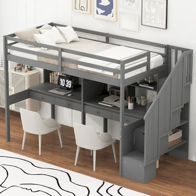 Lit mezzanine simple avec escalier de rangement, double bureau et étagères, gris