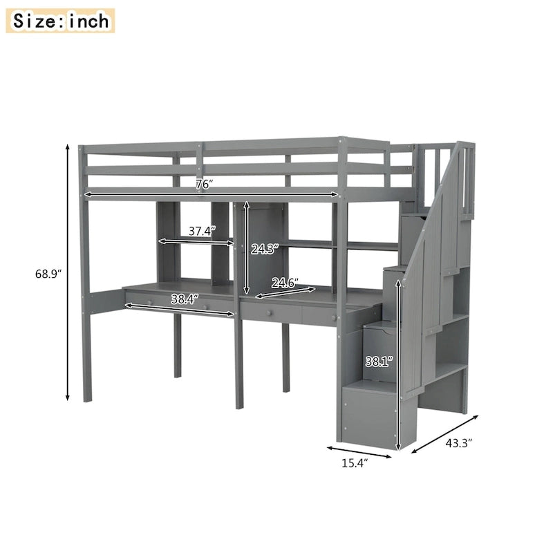 Lit mezzanine simple avec escalier de rangement, double bureau et étagères, gris