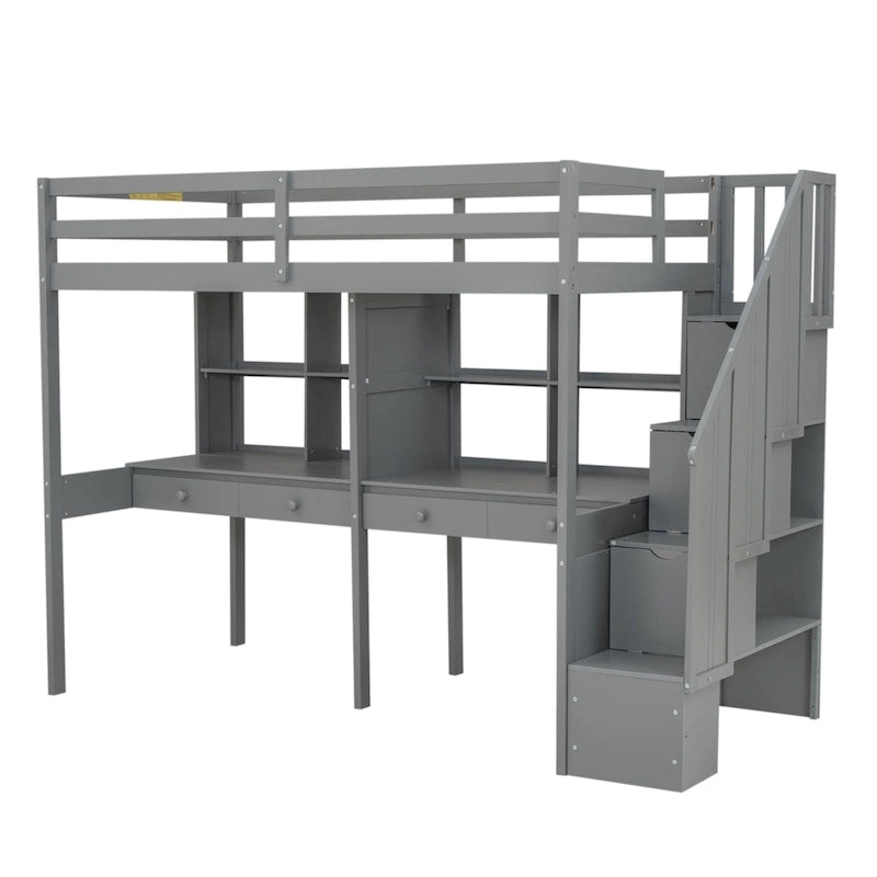 Lit mezzanine simple avec escalier de rangement, double bureau et étagères, gris