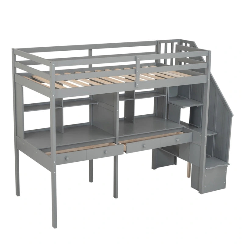 Lit mezzanine simple avec escalier de rangement, double bureau et étagères, gris