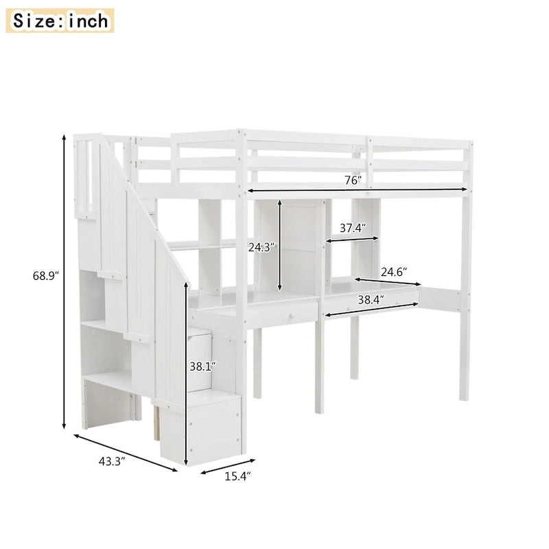 Lit mezzanine simple avec escalier de rangement, double bureau et étagères, gris