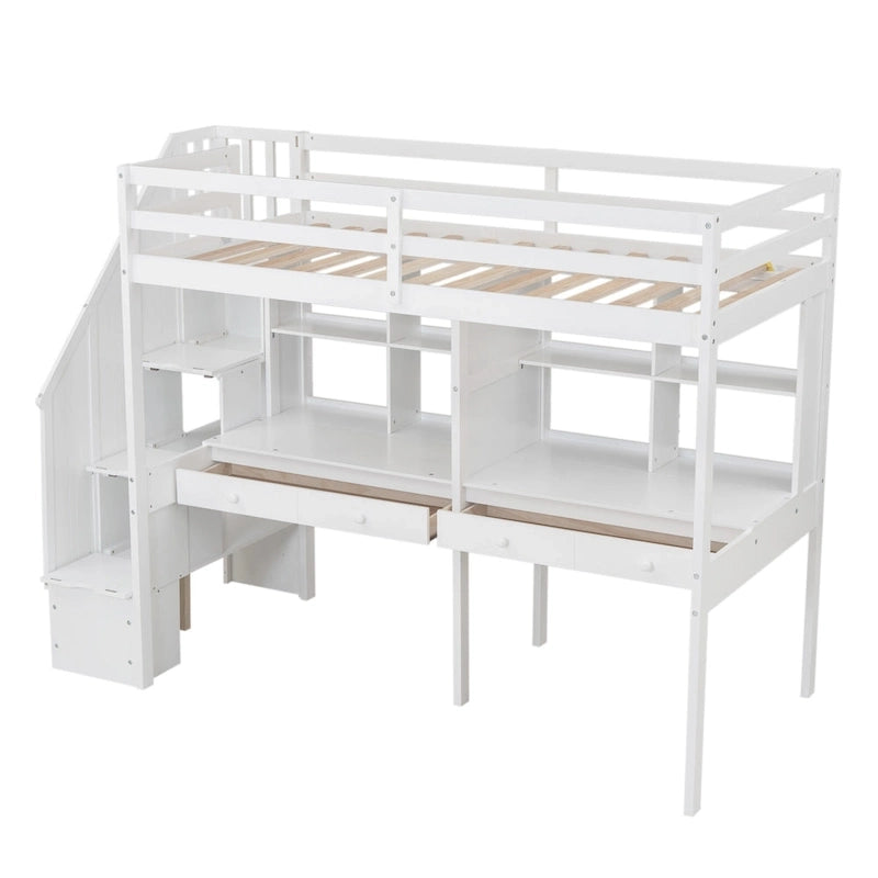 Lit mezzanine simple avec escalier de rangement, double bureau et étagères, gris
