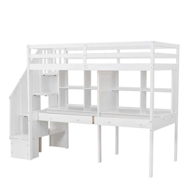 Lit mezzanine simple avec escalier de rangement, double bureau et étagères, gris