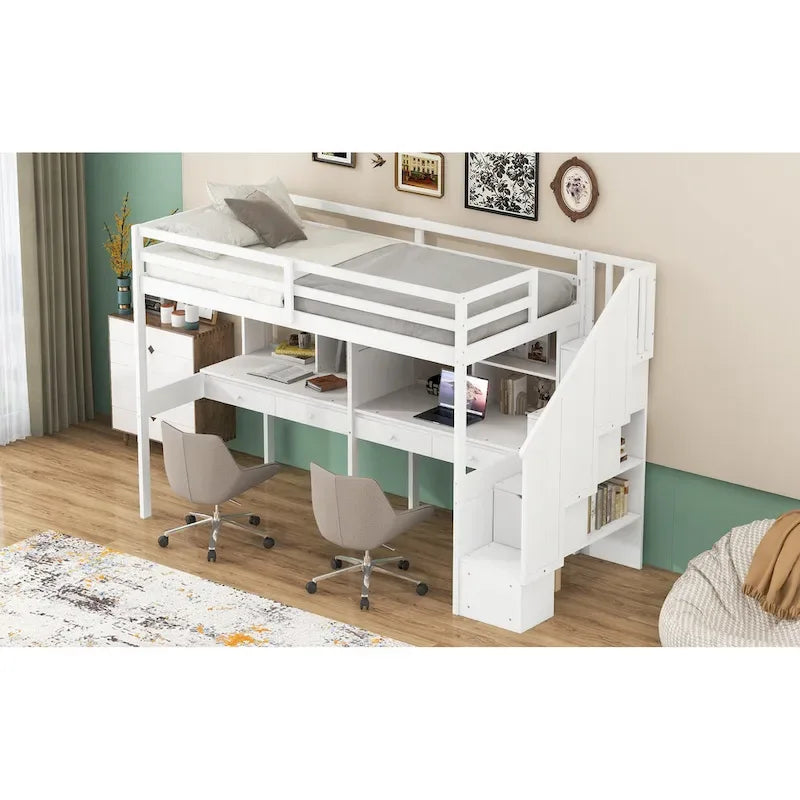 Lit mezzanine simple avec escalier de rangement, double bureau et étagères, gris