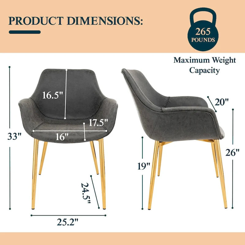 Ensemble de 4 fauteuils de salle à manger modernes Markley en cuir avec pieds en métal doré et chaise d'appoint