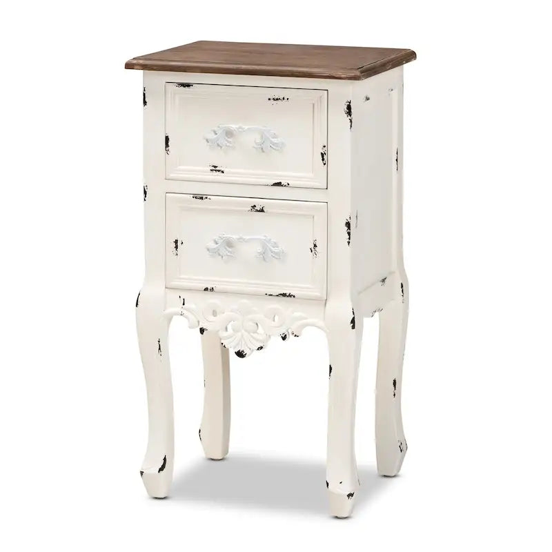 Table d'appoint à 2 tiroirs Baxton Studio Levron, style classique et traditionnel, finition noyer brun et blanc antique.