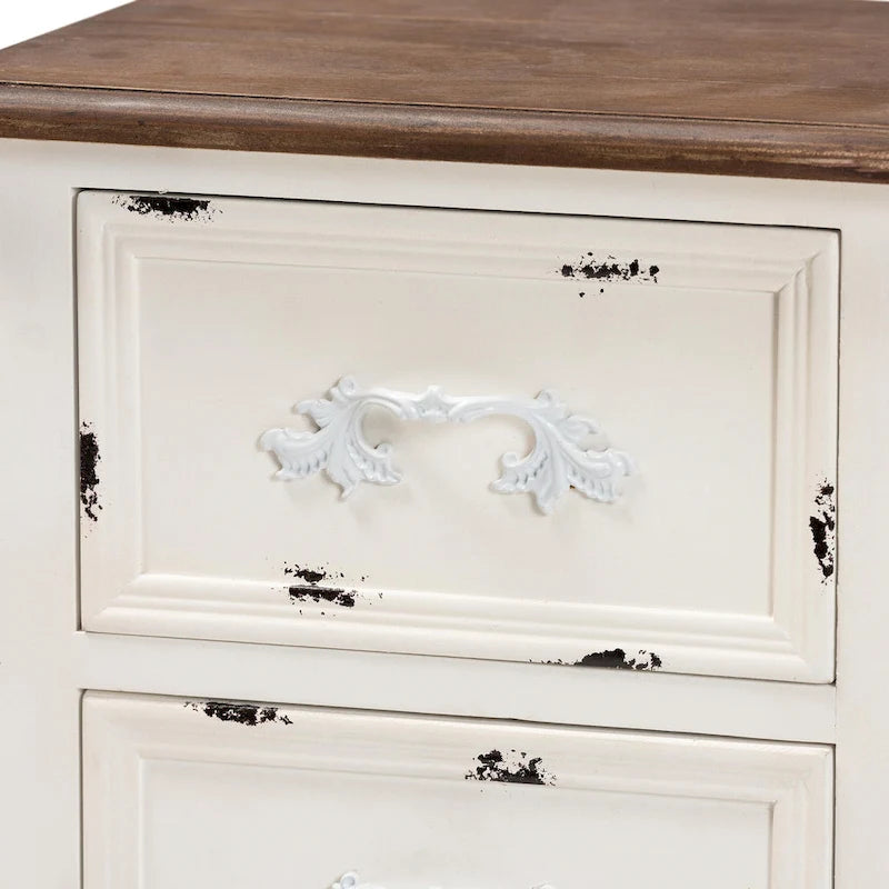 Table d'appoint à 2 tiroirs Baxton Studio Levron, style classique et traditionnel, finition noyer brun et blanc antique.