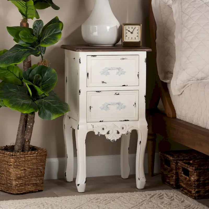Table d'appoint à 2 tiroirs Baxton Studio Levron, style classique et traditionnel, finition noyer brun et blanc antique.