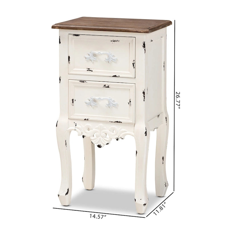 Table d'appoint à 2 tiroirs Baxton Studio Levron, style classique et traditionnel, finition noyer brun et blanc antique.
