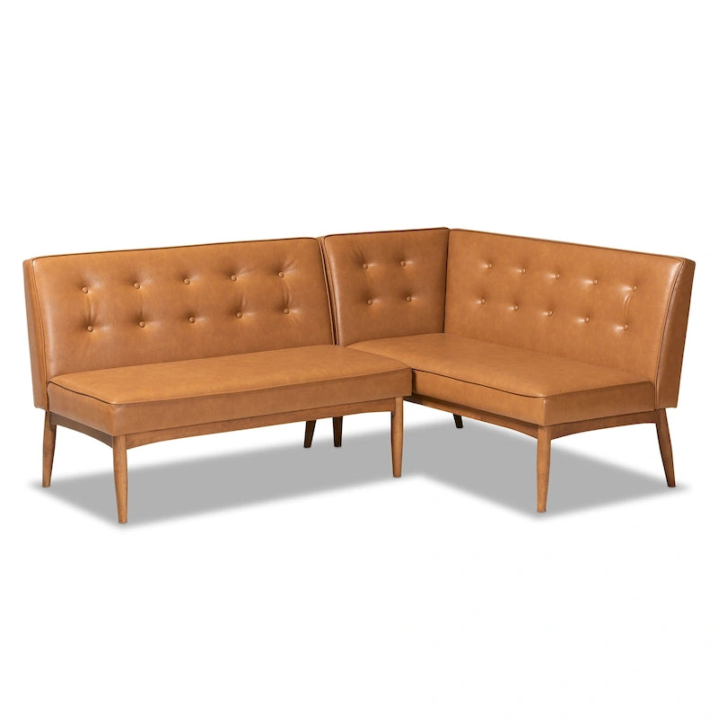 Ensemble banquette de salle à manger 2 pièces Arvid en similicuir beige et bois de noyer