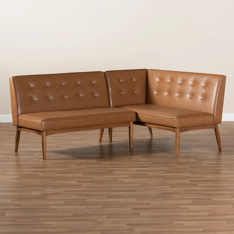 Ensemble banquette de salle à manger 2 pièces Arvid en similicuir beige et bois de noyer