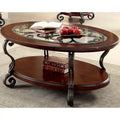 Table basse Cienna traditionnelle en merisier brun, plateau en verre de 122 cm (48 pouces), une étagère et ornements métalliques en volutes.