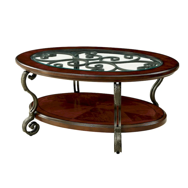 Table basse Cienna traditionnelle en merisier brun, plateau en verre de 122 cm (48 pouces), une étagère et ornements métalliques en volutes.