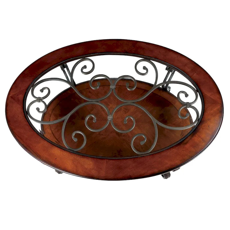 Table basse Cienna traditionnelle en merisier brun, plateau en verre de 122 cm (48 pouces), une étagère et ornements métalliques en volutes.