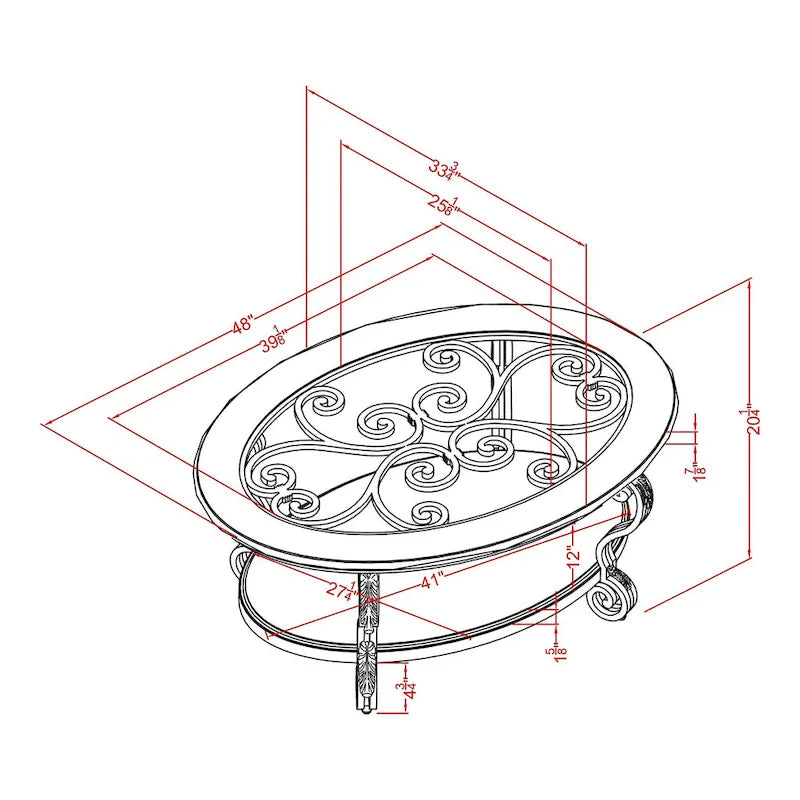 Table basse Cienna traditionnelle en merisier brun, plateau en verre de 122 cm (48 pouces), une étagère et ornements métalliques en volutes.