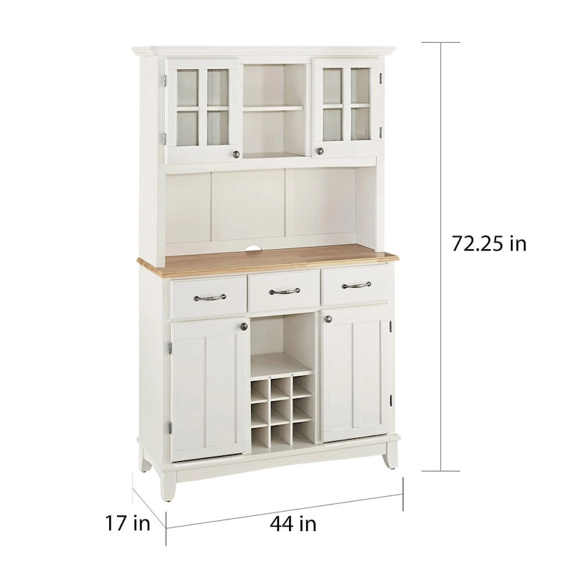 Buffet Homestyles, buffet blanc cassé avec vaisselier et plateau en bois