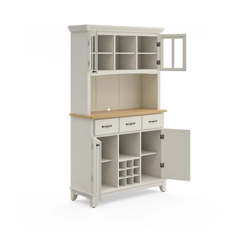 Buffet Homestyles, buffet blanc cassé avec vaisselier et plateau en bois