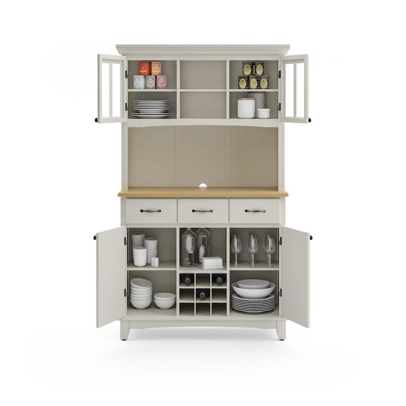 Buffet Homestyles, buffet blanc cassé avec vaisselier et plateau en bois