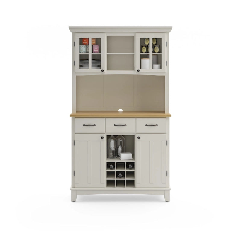 Buffet Homestyles, buffet blanc cassé avec vaisselier et plateau en bois