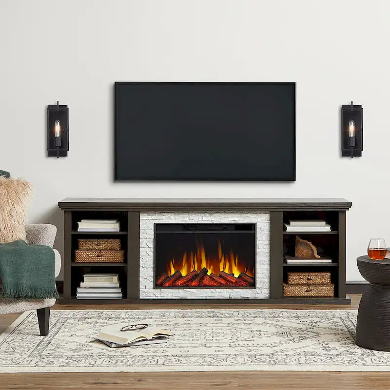 Meuble TV avec cheminée électrique fine Kenai 72 en chêne foncé par Real Flame