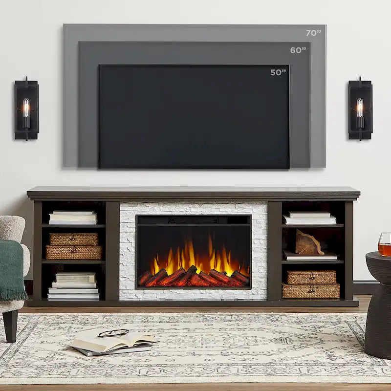 Meuble TV avec cheminée électrique fine Kenai 72 en chêne foncé par Real Flame