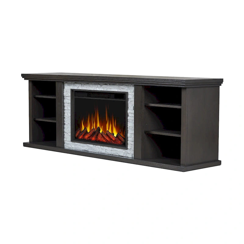 Meuble TV avec cheminée électrique fine Kenai 72 en chêne foncé par Real Flame